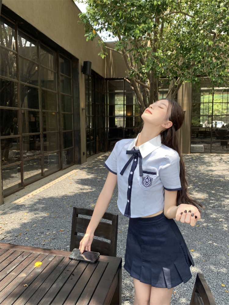 Korean Preppy Summer School Style Blue Shirt and Pleated Skirt Two-Piece Set for Women