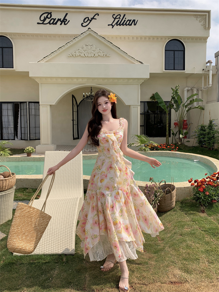 Resort Style Lace Panel Floral Dress Women 2025 Spring Summer New Curvy Plus Size Ruffle Hem Long Dress