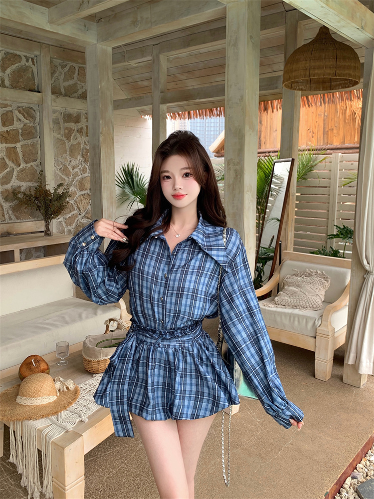 Women's Plaid Long Sleeve Loose Shirt and High Waist Bubble Skirt Two Piece Set Spring Fashion