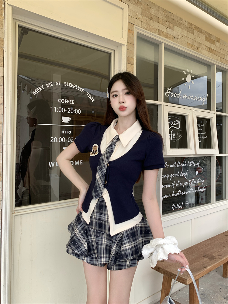 Preppy JK Two-Piece Set Summer Bear Faux Two-Piece Shirt and Plaid Skirt Uniform