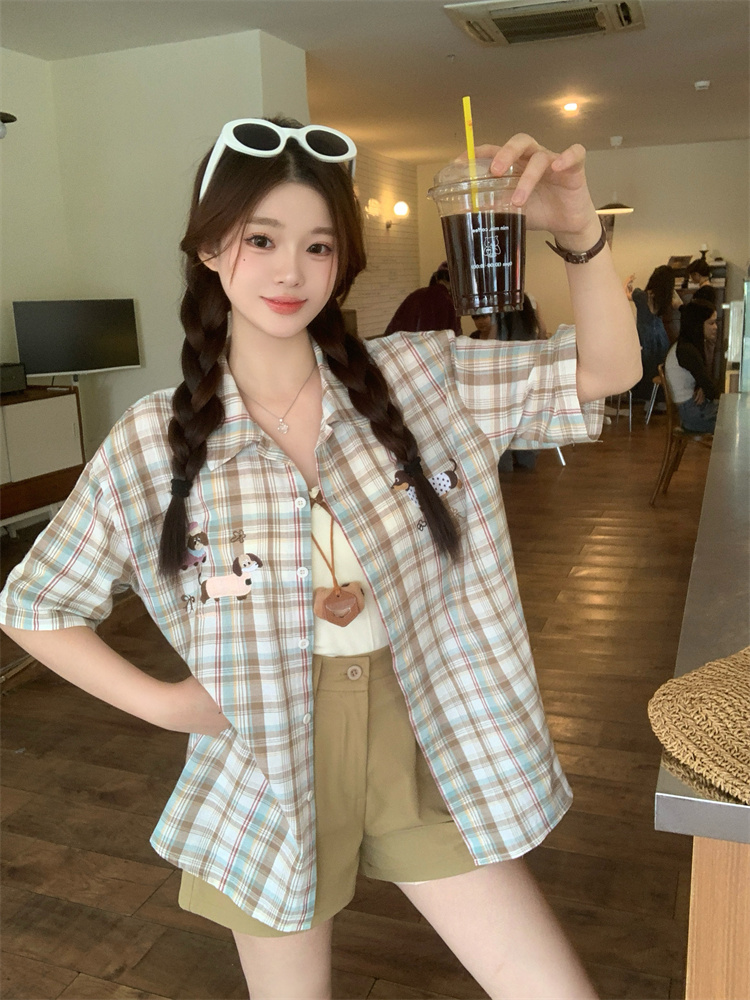 2025 Summer Women's Plaid Shirt Cami and Shorts Three-Piece Set