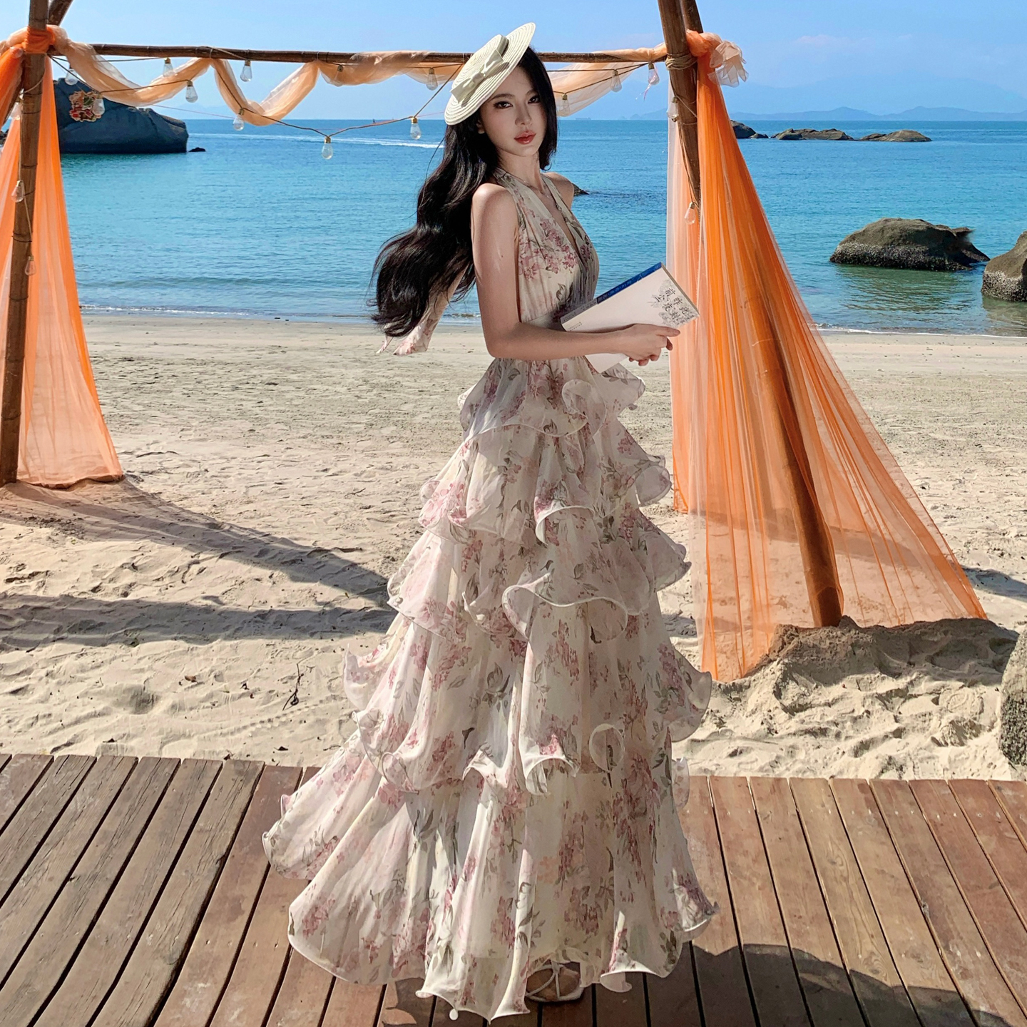 French Vacation Style Printed Halter Chiffon Tiered Maxi Dress with V-Neck