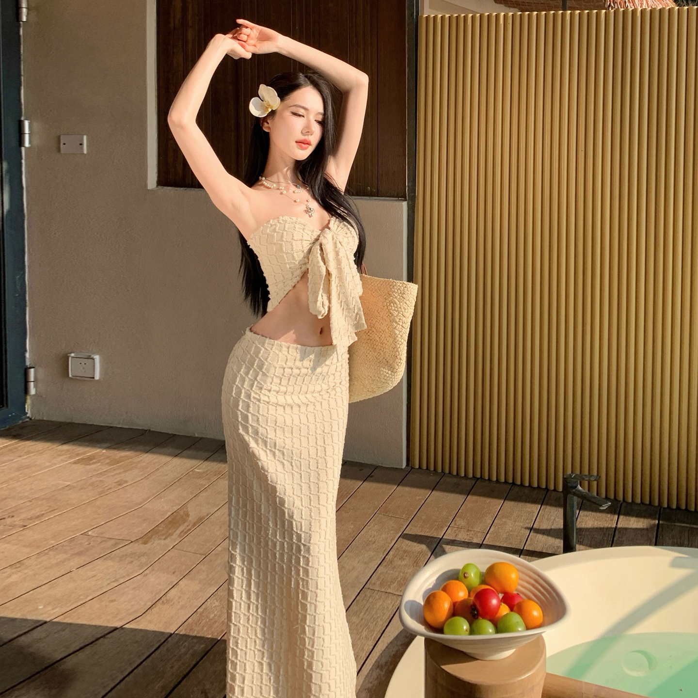 Beach Vacation Two-Piece Set Women 2026 New Strapless Top and Skirt Custom Plaid Set