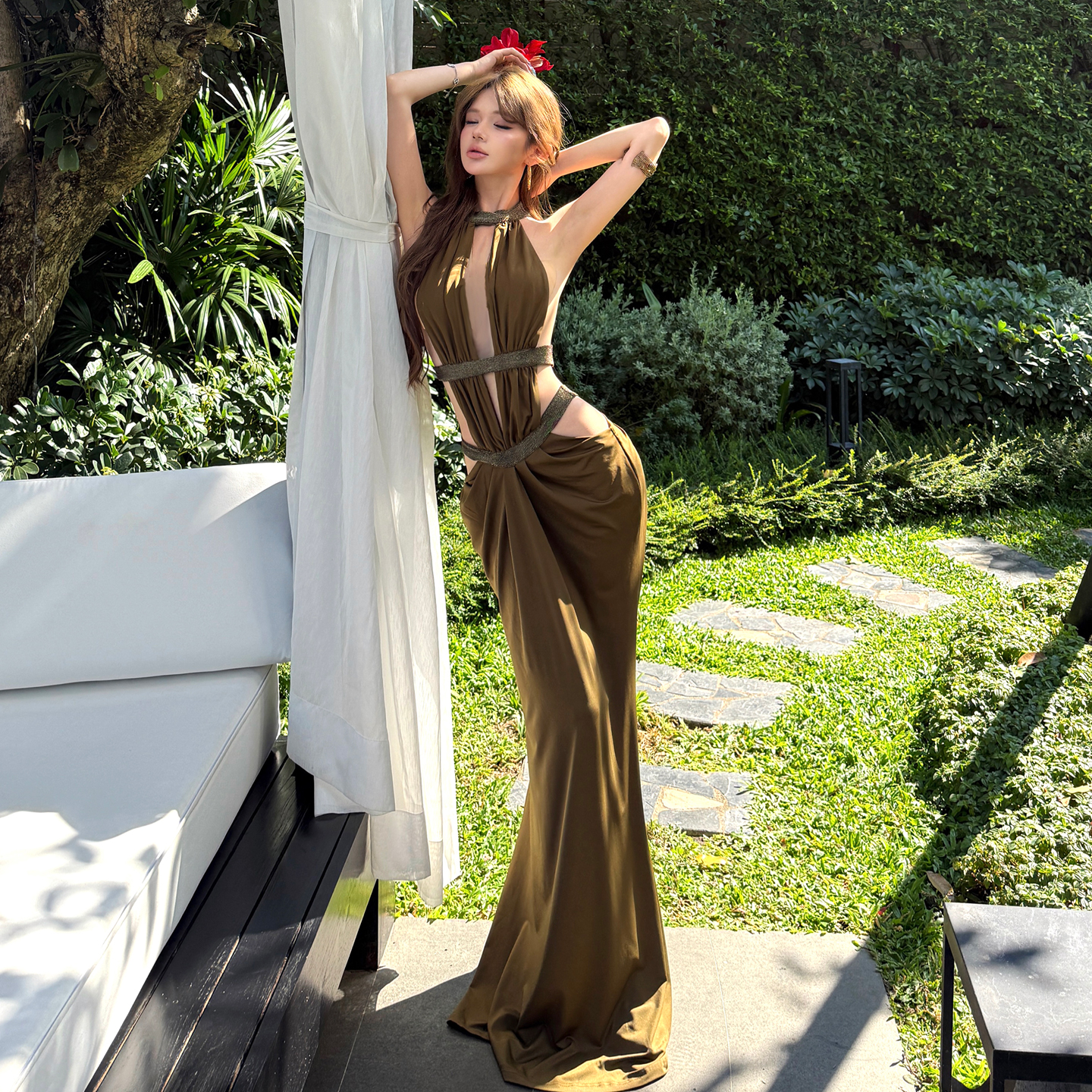 Sexy Cutout Halter Dress Slimming Evening Gown Backless Vacation Long Dress