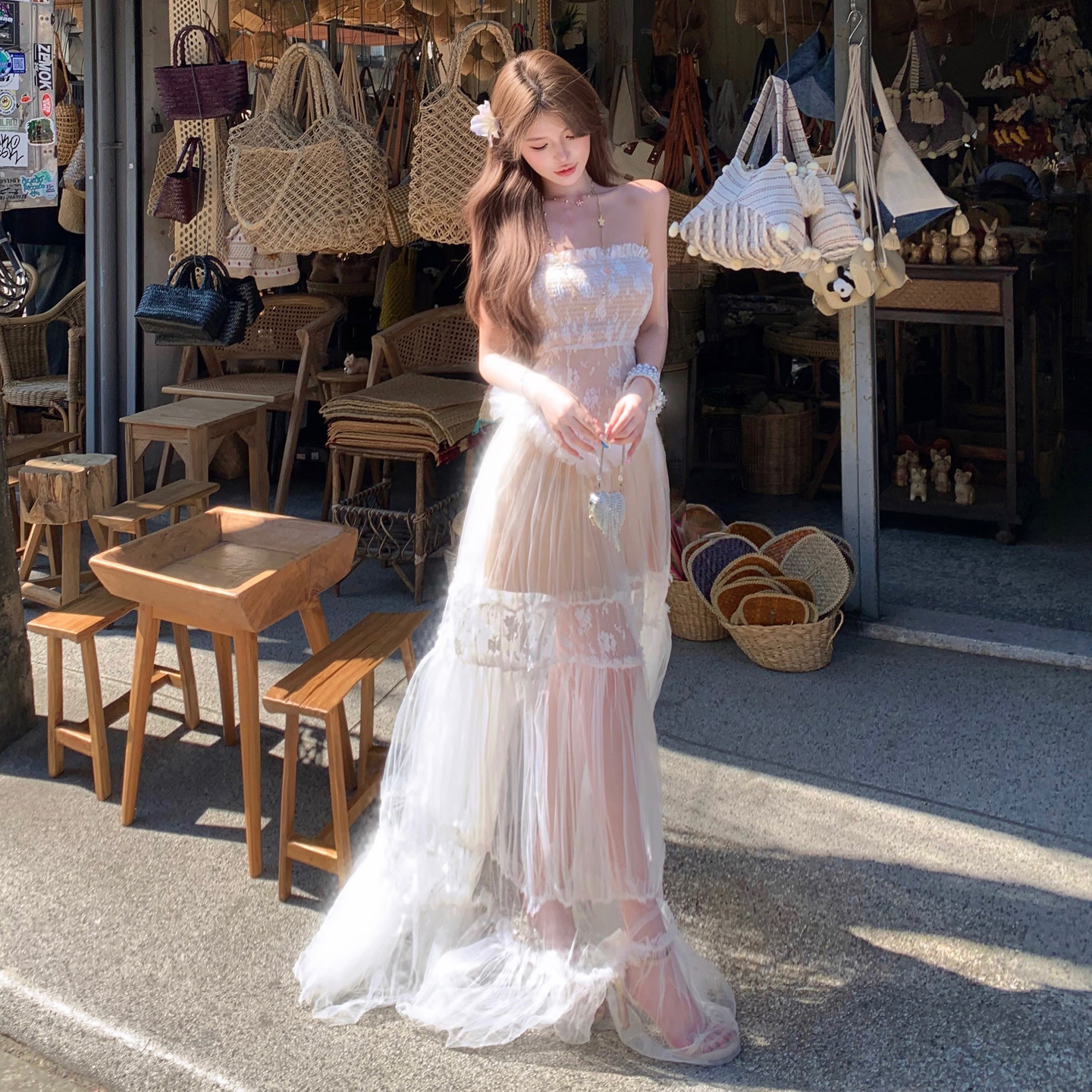 Water Light Yarn Lace Jacquard Spliced Long Halter Dress Printed Fairy Dress