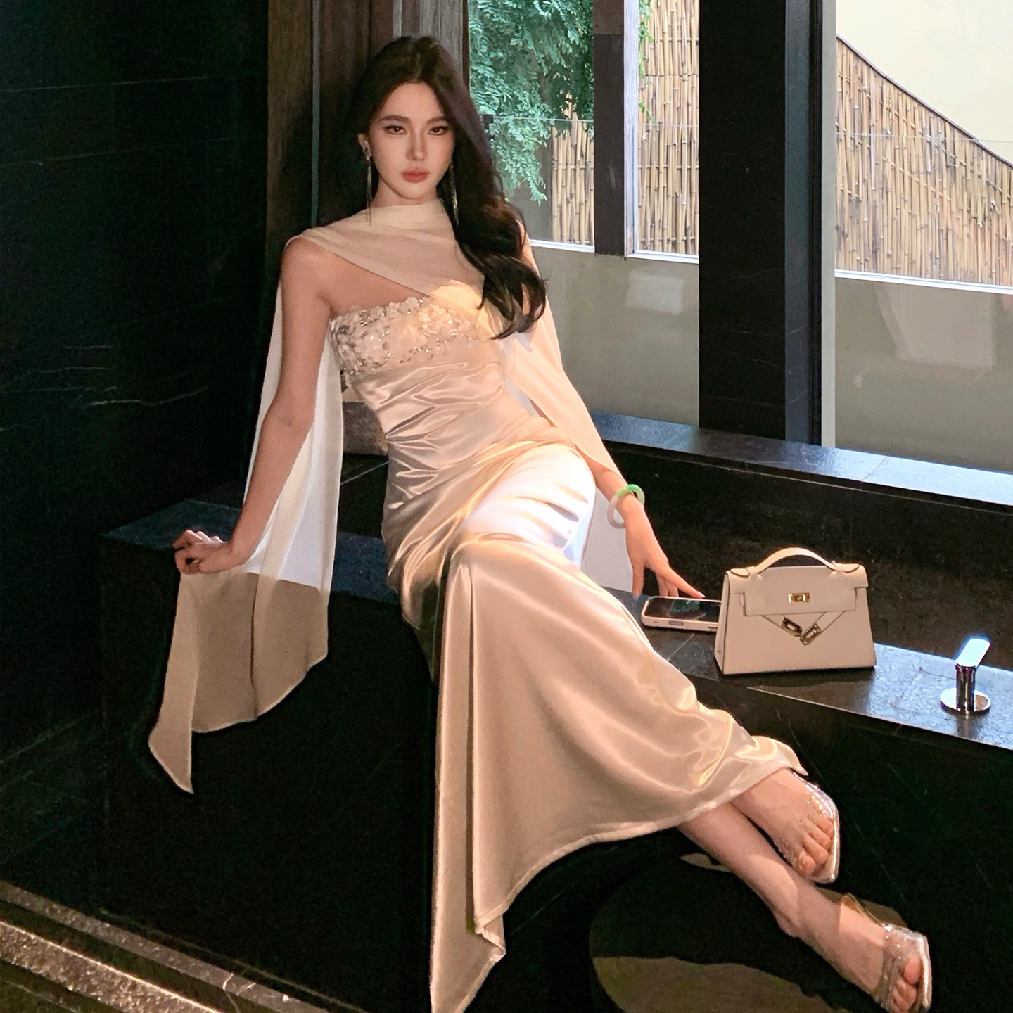 White Strapless Slimming Shimmer Dress with Shawl Sequin Evening Gown