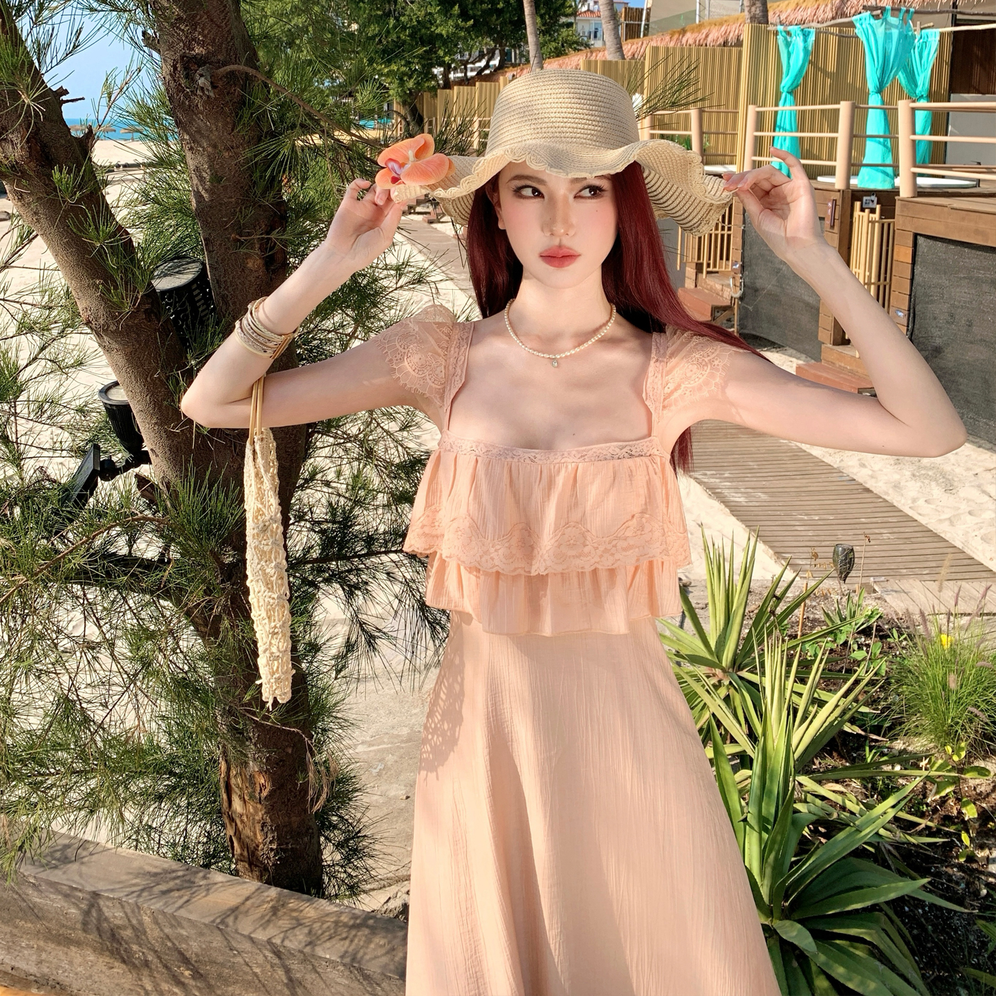Sunset Long Dress Lace Ruffle A-Line Waist-Slimming Vacation Dress for Women