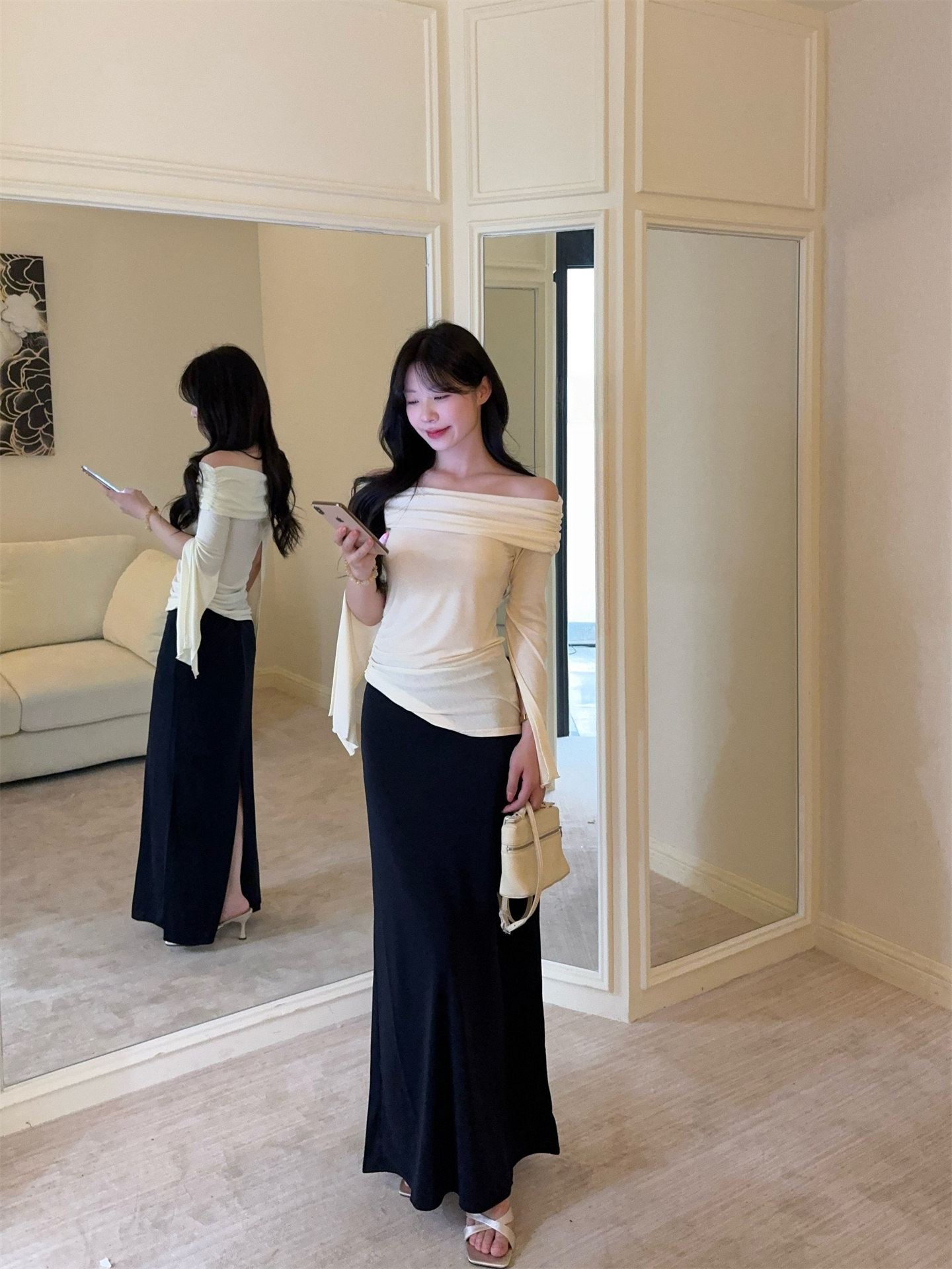 Off-Shoulder Slim Top and Satin Mermaid Skirt Set