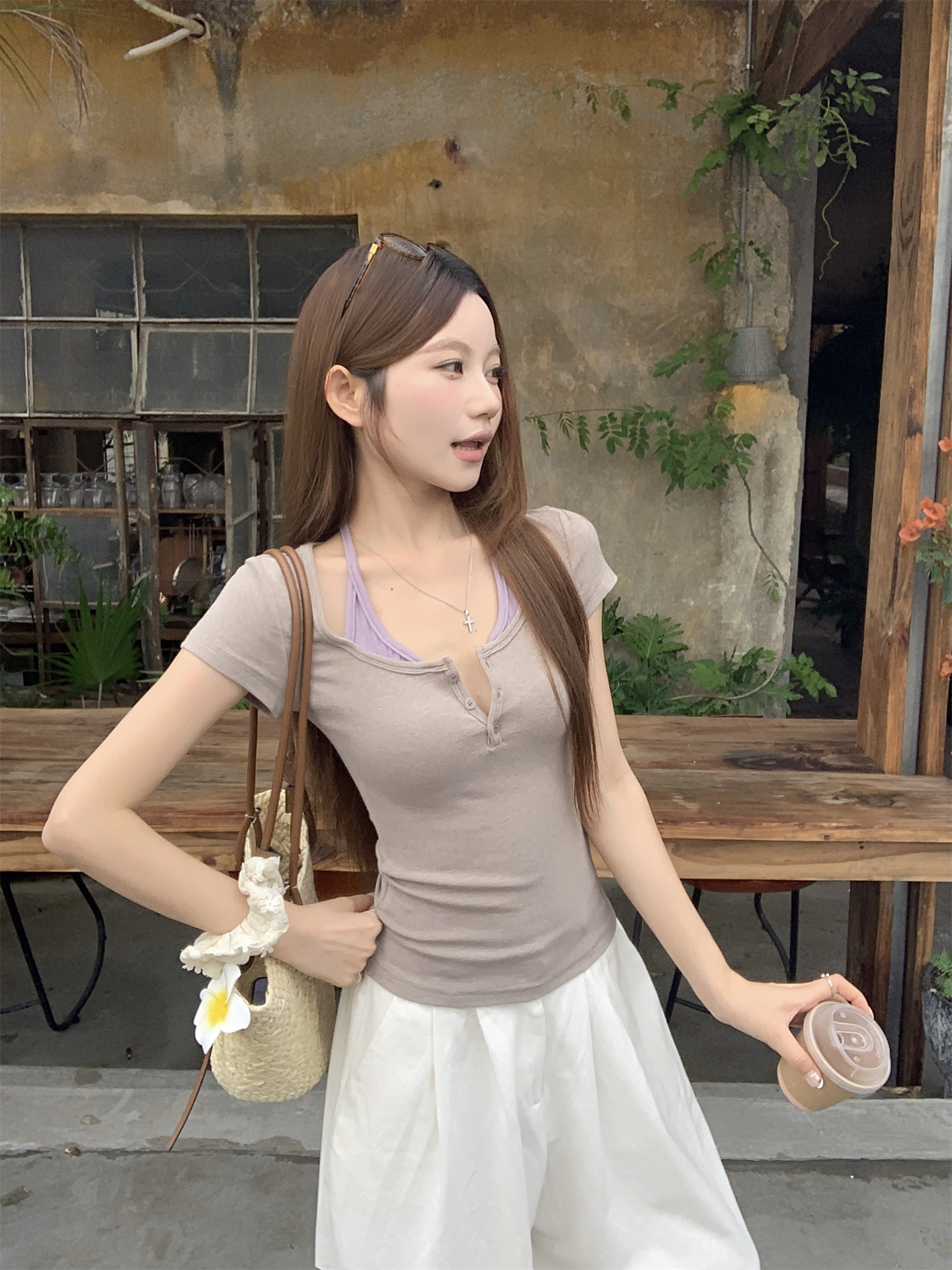 Sweet Salt Style Color Block Faux Two Piece Halter Short Sleeve Top for Petite Women