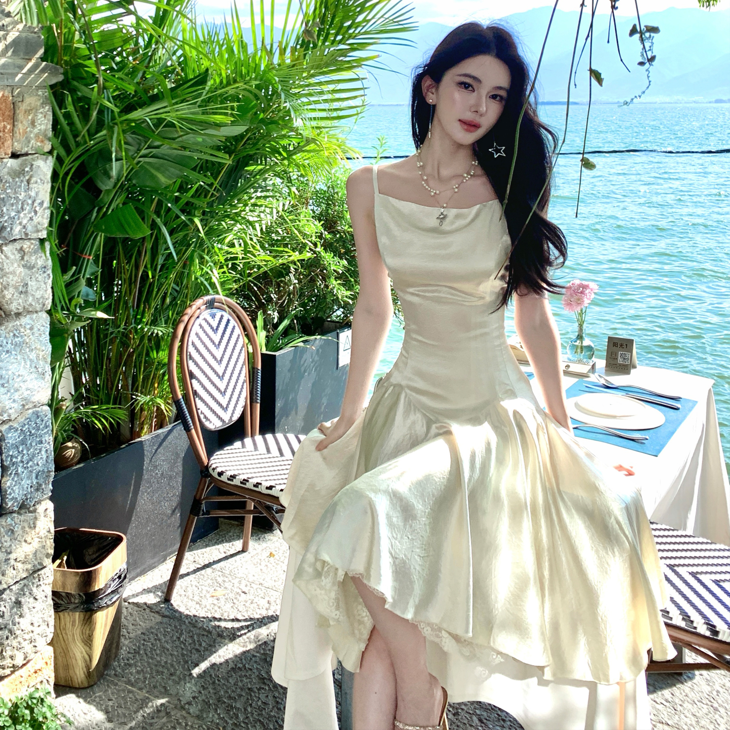 Elegant Lace-Up Midi Dress for Spring Summer Champagne