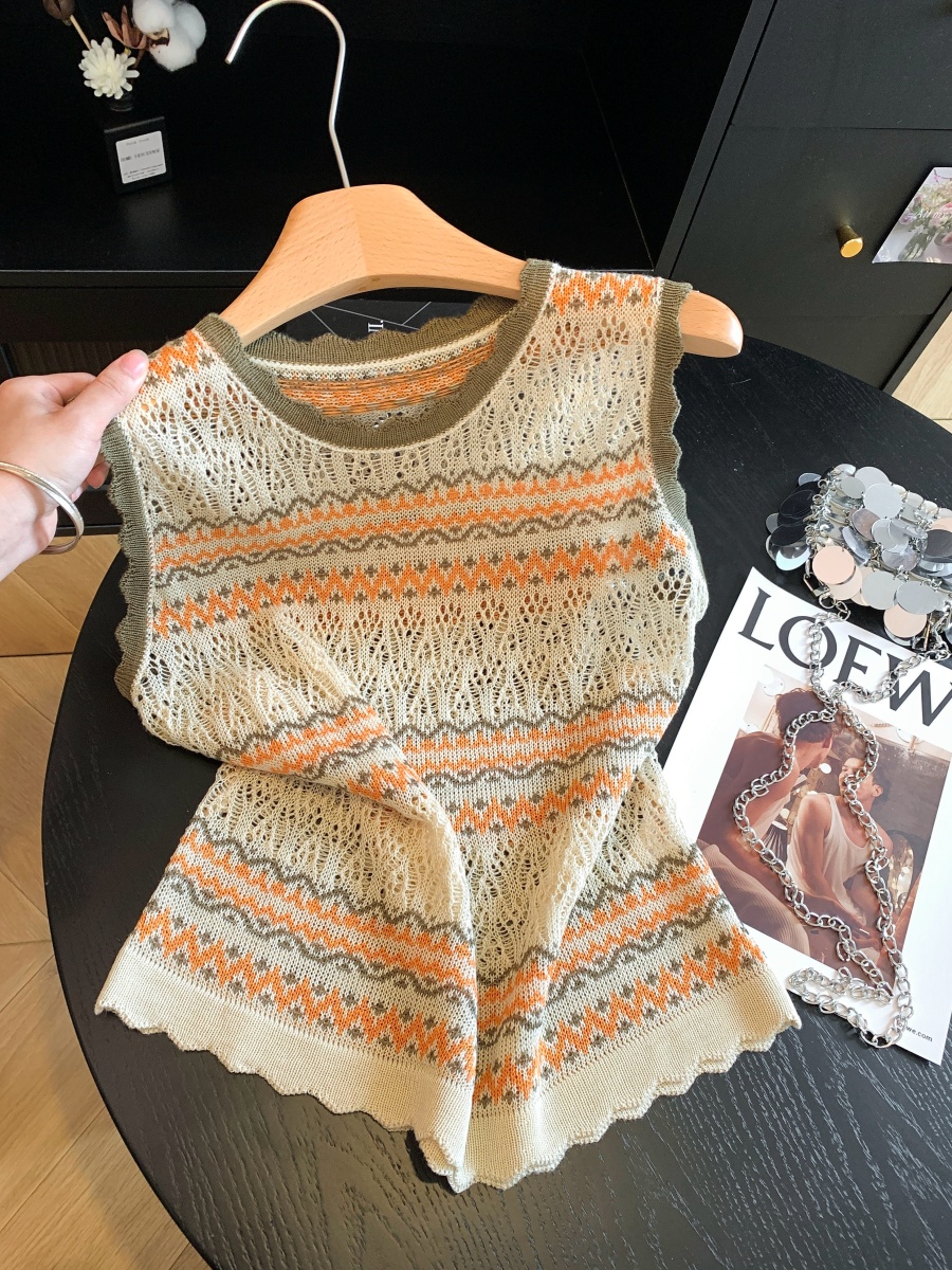 French Vacation Vintage Color Block Striped Knit Tank Top Women Summer Lace Hollow Out Loose Slimming Sleeveless Top
