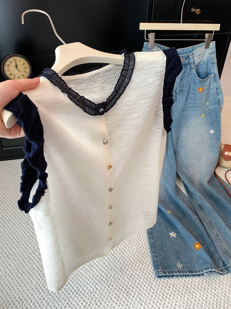 Women's French Lace Spliced Knit Short Sleeve T-Shirt Summer Petite Loose Flutter Sleeve Cardigan Top Thin
