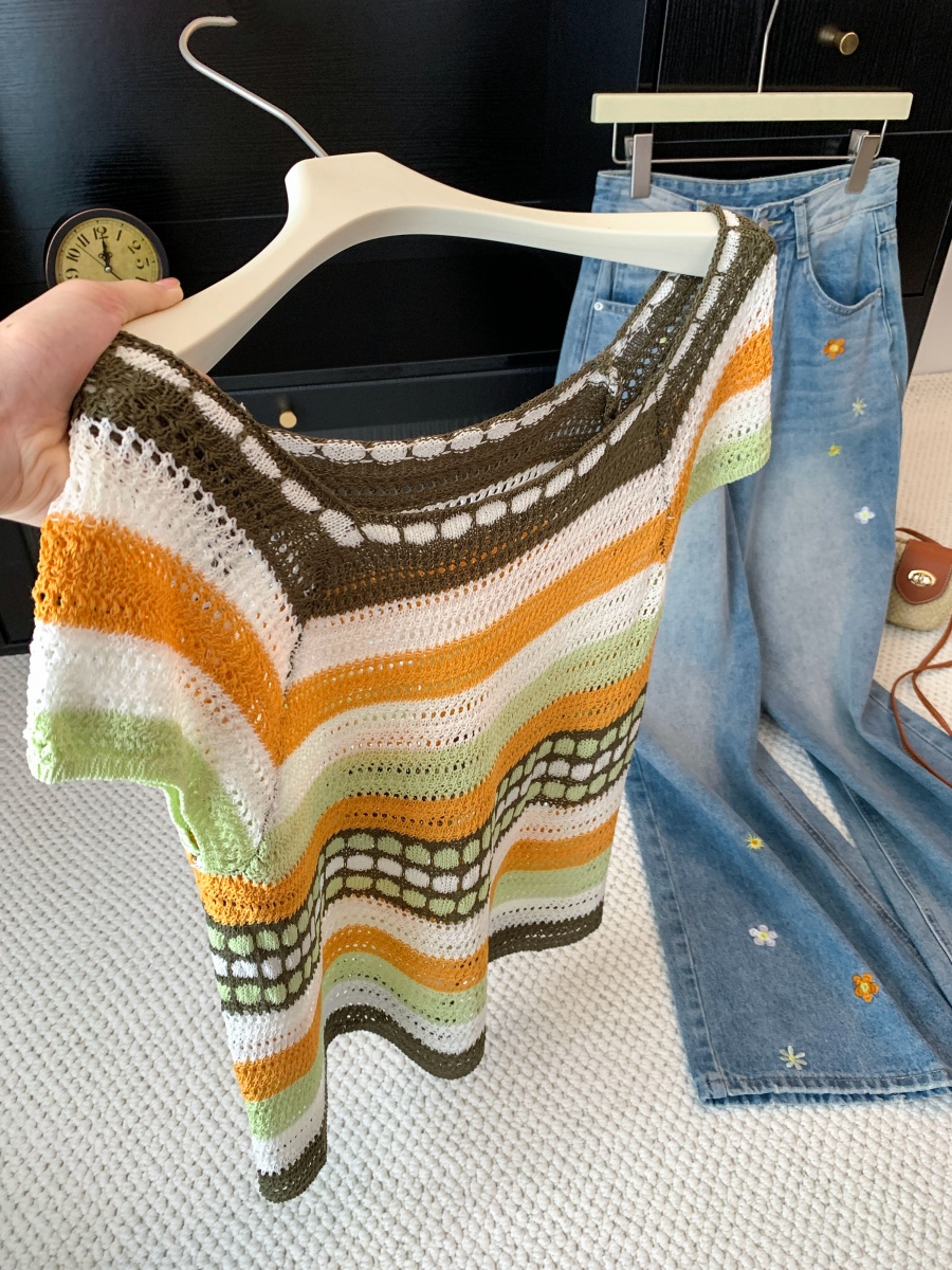 Korean Style Colorful Striped Square Neck Sleeveless Knit Vest for Women Summer New Unique Top