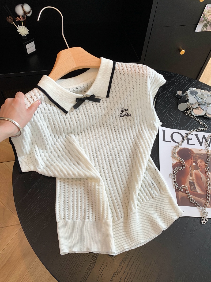 2026 Summer Hollow Bow Knit Polo Shirt Women's Thin Short Sleeve T-Shirt Top