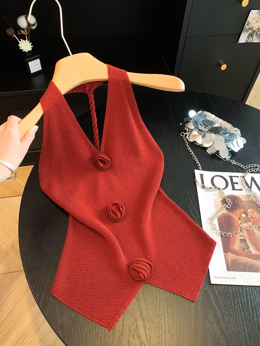 Red 3D Floral Sweet and Spicy Sexy Camisole Women's Design Niche Stunning Outerwear Knit Top