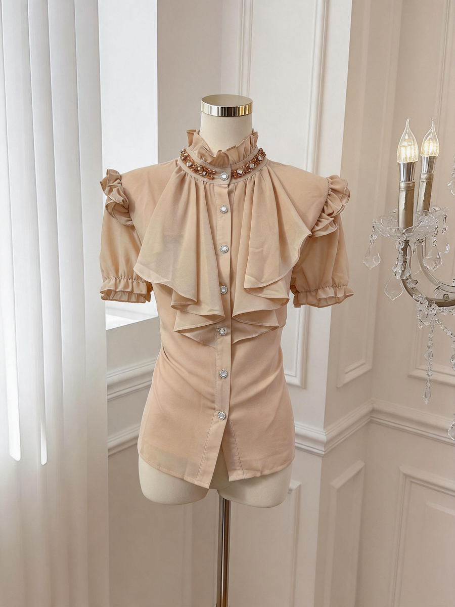 French Vintage Beaded Chiffon Blouse for Women - Style 06e2ab