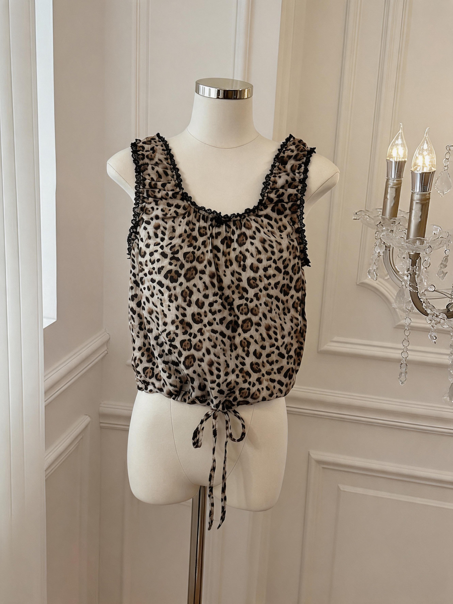 2026 Summer Leopard Print Sleeveless Chiffon Top with Lace Trim and Drawstring Hem - Style 5809a0